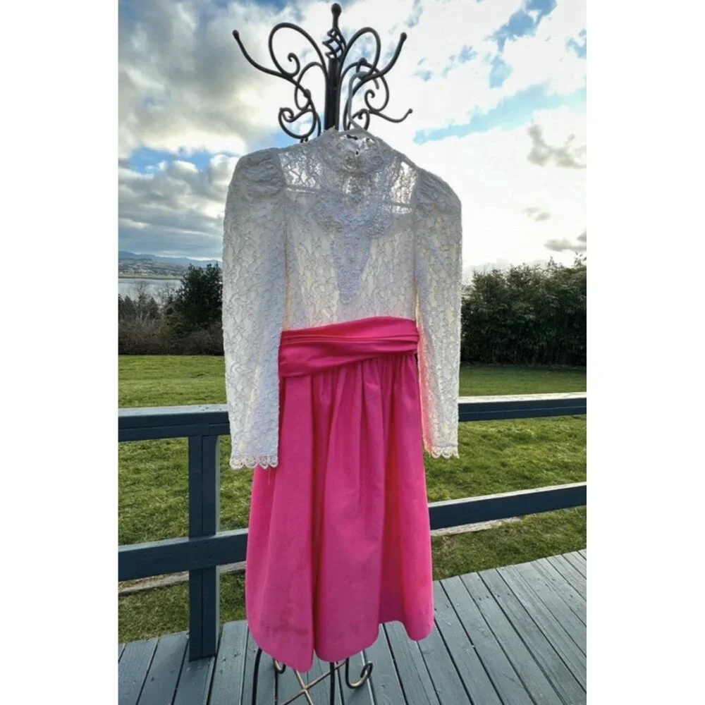 Vintage Dorissa International Nicole Dress Lace Pearls Taffeta Party Hot Pink 14